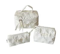 Quilted Makeup Bag Set with Bow Print Design for Women, Large Capacity Travel Toiletry Organizer with Zipper (3pcs-H)