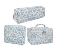 Quilted Toiletry Set, Makeup Pouch Set, Travel Skincare Pouch, Blue Floral Print, Cosmetic Bag Set, Cotton Makeup Bag, Cute Blue Floral Makeup Pouch Set For Women Including Brushes And Shampoo,