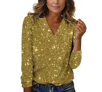 Quin Tops para mujer con cuello en V 2025, camisetas holgadas, lindas camisetas brillantes casuales a la moda brillantes favorecedoras camisetas para salir al club camisetas de manga larga con