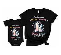 QuindaUK Camisetas Día de la Madre Personalizadas - Our 1st Mother’s Day Set Mamá | con Nombre y Fecha, Body, Camiseta Mamá, Regalo Primer Día de la Madre P6004