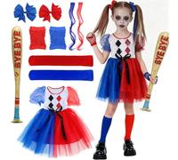 Quinn Disfraz para Niñas, Chicas Villano Suicide Traje, Quinn Cosplay de Halloween Disfraz, con falda de tul lazo el pelo Pelucas Béisbol Hinchable para Carnaval Fiesta de Cosplay (Rojo y azul, M)