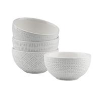 quiodok Juego de 4 Tazones Desayuno mit Reliefmuster, Cuenco para Cereales, Durchmesser 11.5cm, Bol Cocina, Bol Desayuno para Sopa, Cuencos Ceramica para Muesli, Snacks, Ramen o Postres (Blanco)