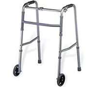 QUIRUMED Andador de aluminio, Plegable, Rígido, Extensible, Altura regulable, Con 2 ruedas, Con barra estabilizadora, Para ancianos, Para personas mayores, Color Gris