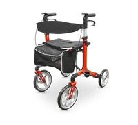 QUIRUMED - Andador de Aluminio | Respaldo y Asiento | Bolsa y Frenos | Regulable en Altura | Ruedas Macizas para Mayor Estabilidad | Soporta hasta 130 kg, Naranja, Aluminio
