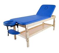 QUIRUMED Camilla Fija de Madera con Respaldo abatible y Bandeja, Color Azul, 186 x 70 cm, Madera, Polipiel, Altura Regulable, Bandeja apoyabrazos, Orificio Facial, hasta 180 kg