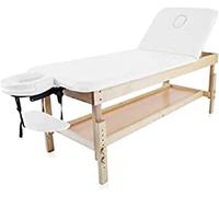 QUIRUMED Camilla Fija de Madera con Respaldo abatible y Bandeja, Color Blanco, 186 x 70 cm, Madera, Polipiel, Altura Regulable, Bandeja apoyabrazos, Orificio Facial, hasta 180 kg