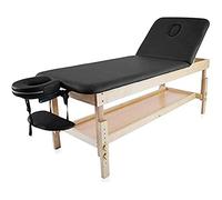 QUIRUMED Camilla Fija de Madera con Respaldo abatible y Bandeja, Color Negro, 186 x 70 cm, Madera, Polipiel, Altura Regulable, Bandeja apoyabrazos, Orificio Facial, hasta 180 kg