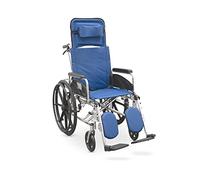 QUIRUMED Silla de ruedas de aluminio con reposacabezas y reposapiés elevable, Plegable, Ligera, Para minusválidos, Para personas mayores, Color azul, Cabezal extraíble, Antivuelco