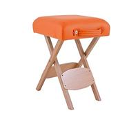 QUIRUMED Taburete Plegable de Madera con Asiento, Tapizado en Color Naranja, Multiusos, Mesa Auxiliar, Reposapiés, Polipiel, Transportable, hasta 100 kg, 33 x 33 x 48