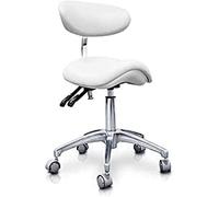 QUIRUMED Taburete Pony hidráulico Elite, Color Blanco, Multidisciplinar, Acero Inoxidable, Polipiel, Respaldo ergonómico, Acolchado Poliuretano, Altura Regulable