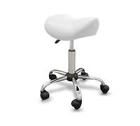QUIRUMED Taburete Tipo Pony, Ergonómico, con Base de Acero, Color Blanco, Tapizado en Polipiel, Altura Regulable, Asiento Acolchado, Ruedas giratorias, hasta 150 kg