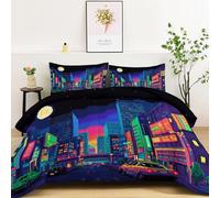 Quixora Ciudad Noche Skyline Pixel Nostálgico Edredón 135 x 200 cm, Transpirable y Supersuave, 4 Estaciones, con 2 Fundas de Almohada, para Cama Matrimonial, 400 g/m² Neón