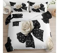 Quixora Funda Nórdica para Cama 80/90 Patrón Rosas Lazos Negros Lunares, Set de 3 Piezas con Funda de 135 x 200 cm y 2 Fundas de Almohada 50x75 cm - Suave Ropa de 100% Microfibra
