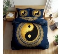Quixora Juego de Funda Nórdica Reversible de Microfibra para Cama 105 con Estampado de Símbolo Yin y Yang Dorado y Negro - Funda Edredón 200 x 200 cm y 2 Fundas de Almohada 50x75 cm, Mandala