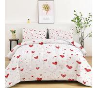 Quixora Minimalista Rojo Corazón Puntos Pequeños Edredón 200 x 200 cm, Transpirable y Supersuave, 4 Estaciones, con 2 Fundas de Almohada, para Cama Matrimonial, 400 g/m² Blanco