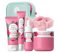 QUIYUM Colección Set de Cuidado Facial con Rosa Mosqueta, Kit Hidratante de 5 Piezas para Mujeres con Gel Limpiador, Sérum, Crema para el Contorno de Ojos, Crema Hidratante y Banda para el Cabello