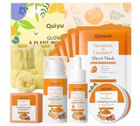 QUIYUM Kit de Cuidado Facial con Cúrcuma y Vitamina C, 11 Piezas: Jabón Hecho a Mano, Exfoliante, Aceite Esencial, Crema, Mascarilla, Diadema y Muñequera Absorbente