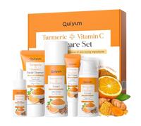 QUIYUM Set de Cuidado de la Piel con Curcuma Vitamina C, 5 Piezas Kit Skincare Facial Mujer Completo, con Leche Limpiadora Facial Tónico Crema para Ojos Suero y Crema Facial