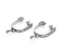 Qukaim 2 espolones de acero inoxidable para botas de caballo West Cowboy, patrón exquisito con equipo para competición ecuestre, decoración de espolones, diseño