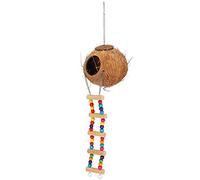 Qukaim Columpio de nido de loro de cáscara de coco, juguetes para pájaros con escalera, suministro para mascotas Happy House para loros, adecuado para pájaros pequeños, 30 x 20 cm
