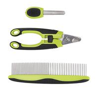 Qukaim Kit de aseo para mascotas, kit de rastrillo para mascotas, herramientas de aseo de acero inoxidable de doble cara, incluye cortaúñas, recortador, lima, peine ergonómico para mascotas para