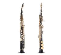 Qukaim Saxofón soprano Bb, instrumento de viento de madera recto de latón con patrón tallado de llave de concha, funda de transporte, guantes, paño de limpieza, correas y varilla de limpieza