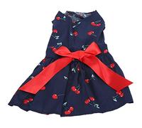 Qukaim Vestido de verano para perro, falda sin mangas de poliéster con lazo para perra, patrón de cereza, azul marino, talla M, ropa de verano para mascotas