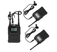 Qukaim YELANGU UHF - Micrófono Lavalier de doble canal, sistema de micrófono uno para dos para disparar entrevistas, incluye transmisor y receptor, color negro