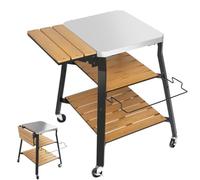 QuliMetal Carrito de parrilla portátil universal, mesa de parrilla de acero inoxidable enrollable con estantes WPC y ruedas giratorias de 360°, compatible con estufa individual y fogata ninja