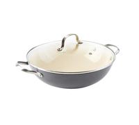 Qulinart Wok antiadherente de aluminio fundido resistente a los arañazos sin PFOA con tapa de cristal, apto para todo tipo de cocinas, incluida la inducción, apto para lavavajillas, color gris oscuro