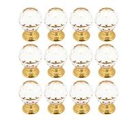 Quluxe 12 pomos de cristal para cajones, diamantes redondos de 0.78 pulgadas, pomos de cristal transparente para armarios y tiradores - Base dorada con tornillos de 25 mm