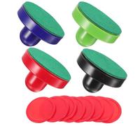 QUMIIRITY Juego de 4 Empujadores de Hockey sobre Hielo de Plástico 96mm en Colores Azul Oscuro, Verde Claro, Rojo y Negro 8 Discos Rojos de Repuesto y 4 Paños de Fieltro para Mesa de Hockey