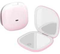 QUMOX Espejo de Maquillaje con Luz 10X - Espejo de Viaje Compacto Recargable con LED, 3 Tonos de Luz, Brillo Regulable por Tacto, USB-C - Rosa