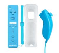 Qumox - Mando para Wii, Mando Nunchuck, controlador remoto, consola de repuesto, built in Motion Plus, con funda protectora de silicona para Wii y Wii U, color azul
