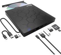 QUMOX Reproductor externo de DVD/CD USB 3.0 con 4 puertos USB y lector de tarjetas TF/SD, compatible con Windows/Mac/Linux