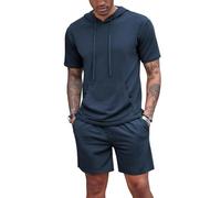 QUNERY Conjunto Hombre Verano Hombre Chándales 2 Piezas Camiseta Deportecon Capucha y Short con Bolsillos para Fútbol Baloncesto Tenis Jogging Marina de Guerra M