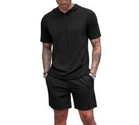 QUNERY Conjunto Hombre Verano Hombre Chándales 2 Piezas Camiseta Deportecon Capucha y Short con Bolsillos para Fútbol Baloncesto Tenis Jogging Negro XL