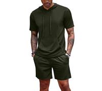QUNERY Conjunto Hombre Verano Hombre Chándales 2 Piezas Camiseta Deportecon Capucha y Short con Bolsillos para Fútbol Baloncesto Tenis Jogging S-XXL Verde Militar M