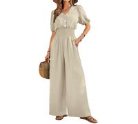 QUNERY Monos Mujer Verano Jumpsuit Elegante en V Color Sólido Mono Que Realza La Cintura Casual Sueltos Rompers con Bolsillos Moda Playa Beige S