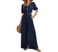 QUNERY Monos Mujer Verano Jumpsuit Elegante en V Color Sólido Mono Que Realza La Cintura Casual Sueltos Rompers con Bolsillos Moda Playa Azul Marino S