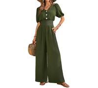 QUNERY Monos Mujer Verano Jumpsuit Elegante en V Color Sólido Mono Que Realza La Cintura Casual Sueltos Rompers con Bolsillos Moda Playa Verde Militar XXL