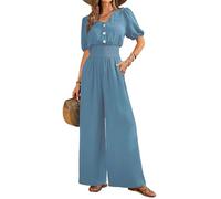 QUNERY Monos Mujer Verano Jumpsuit Elegante en V Color Sólido Mono Que Realza La Cintura Casual Sueltos Rompers con Bolsillos Moda Playa Azul Claro XXL