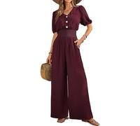 QUNERY Monos Mujer Verano Jumpsuit Elegante en V Color Sólido Mono Que Realza La Cintura Casual Sueltos Rompers con Bolsillos Moda Playa Rojo Oscuro S