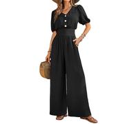 QUNERY Monos Mujer Verano Jumpsuit Elegante en V Color Sólido Mono Que Realza La Cintura Casual Sueltos Rompers con Bolsillos Moda Playa Negro XXL