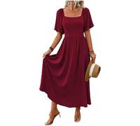 QUNERY Vestido Verano Mujer Elegante Cuello Cuadrado Vestidos Playero Casual Dress Manga Corta Vino Tinto XXL