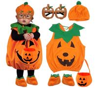 Qunkun Disfraz de calabaza para niños, para Halloween, con sombrero, con bolsillo para bomba, Halloween ropa de fiesta, traje unisex con 20 cicatrices temporales, pegatinas de tatuaje