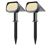Quntis Luces Solares LED Exterior, 2 Pack Focos Potentes IP65 Impermeable con 3 Modos, Lámparas Solares para Jardín, Suelo, Camino, Patio, Césped - Blanco Cálido