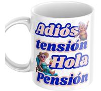 Quodelo Taza Jubilacion Mujer - Regalos Originales para Jubilados - Cerámica Calidad AAA 350 ml - Resistente a Microondas y Lavavajillas - Diseño Divertido Playa Adiós Tensión Hola Pensión