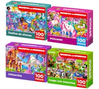 QUOKKA Puzzle 100 Piezas Niña 4 5 6 Años - Set de 4 Puzzle Princesas 7 8 Años - Juego de Buscar y Encontrar con Sirenas y Unicornios - Juguetes Educativos Regalo para Niños Niñas 5 a 9