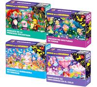 QUOKKA Puzzle ab 4 5 Für Kinder - 4x60 Rahmenpuzzle ab 5 6 Jungen und Mädchen - GLÜHEN Puzzle Spiele mit Prinzessinnen, Einhörner, Feen- und Meerjungfrauen-Wunderland - Geschenk für Kinder 6 7 8 Jahre